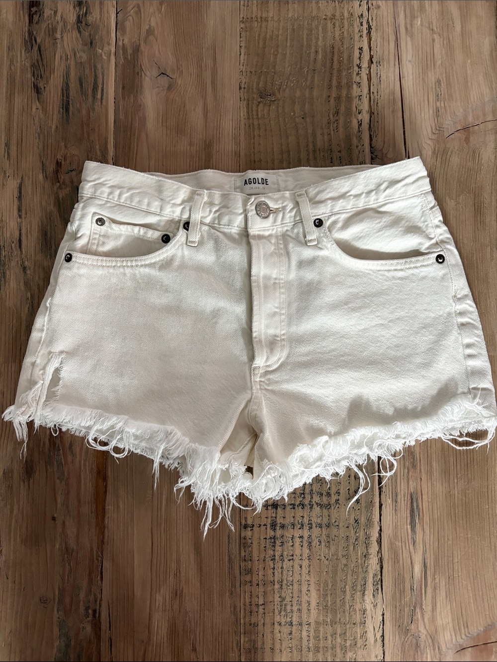 Agolde Cream Frayed Hem Denim Shorts
